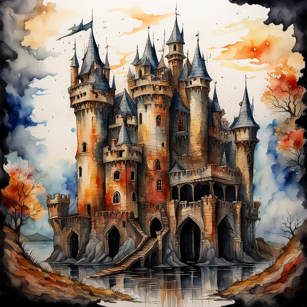 Creepy Abandoned Castle: Watercolor and Alcohol Ink Painting