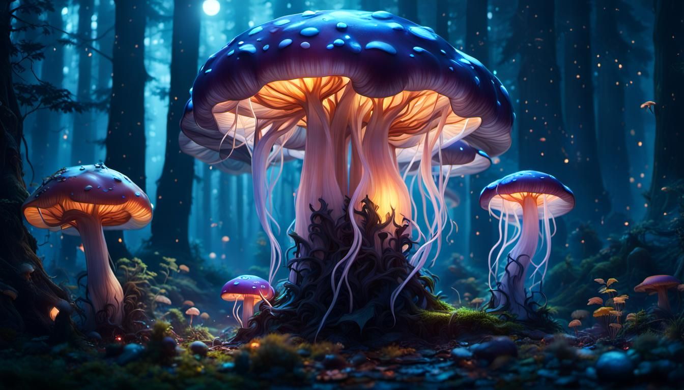 Glowing Jellyfish Mushrooms in Moonlight: Fantasy Concept Ar...