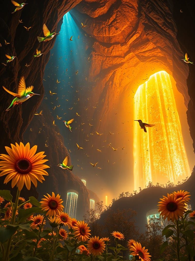 Ethereal Bioluminescent Caverns with Radiant Avian Lanterns