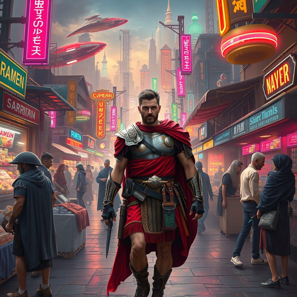 Crossroads of Time: Roman Trader in Cyberpunk Market