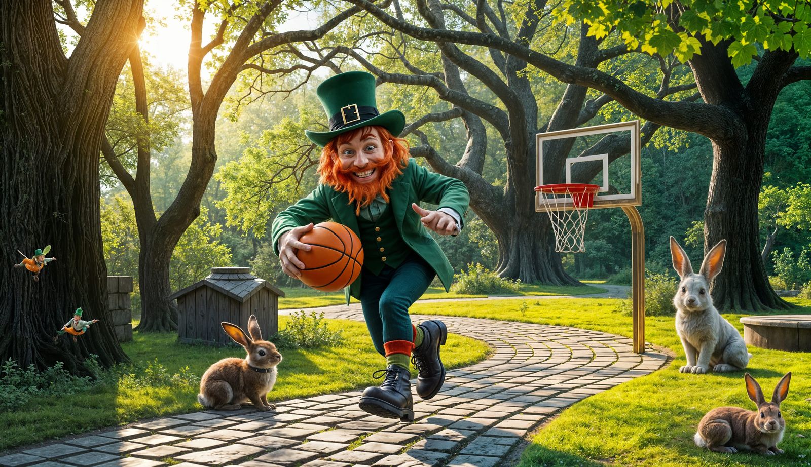 Leprechaun Plays Basketball in Enchanted Forest