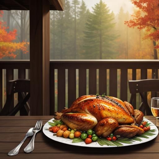 Hyperrealistic Thanksgiving Dinner on Autumn Deck