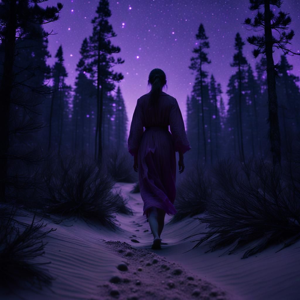Ethereal Woman Walks a Dark Forest Path