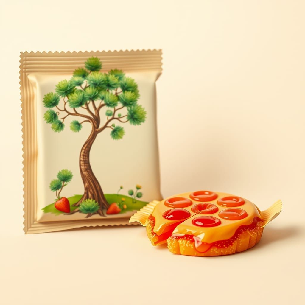 Miniature Pizza Candy with Cypress Tree Illustration