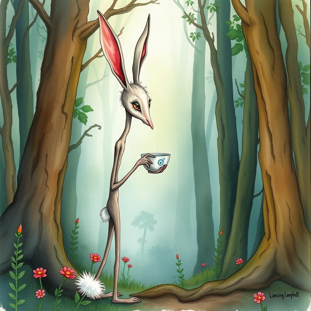 Rabbit Creature Drinks Tea in Mystical Forest