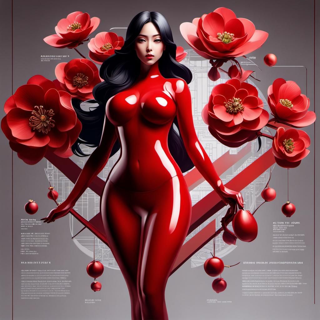 Artistic Nude with Quince Flowers in Technical Concept Art