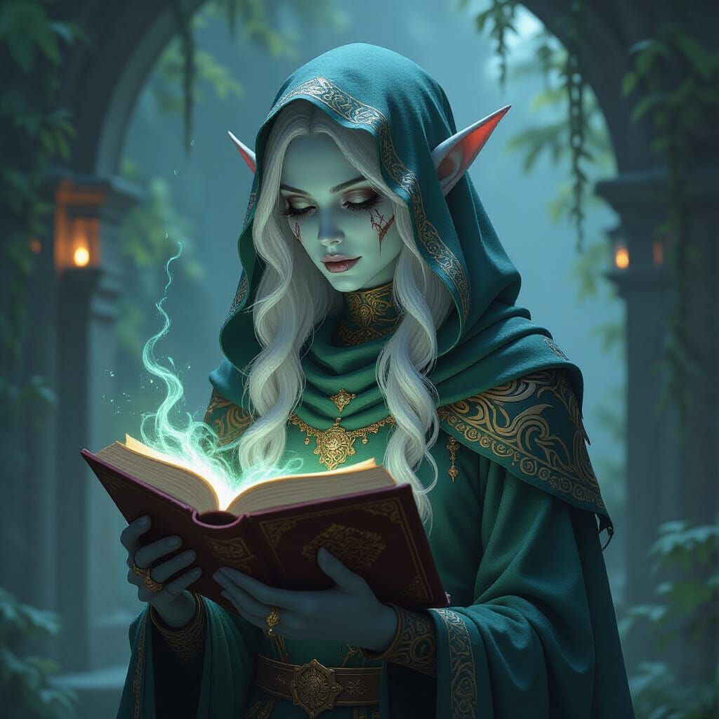 Thessra Quell: Undead Elf Necromancer in Dark Fantasy Style