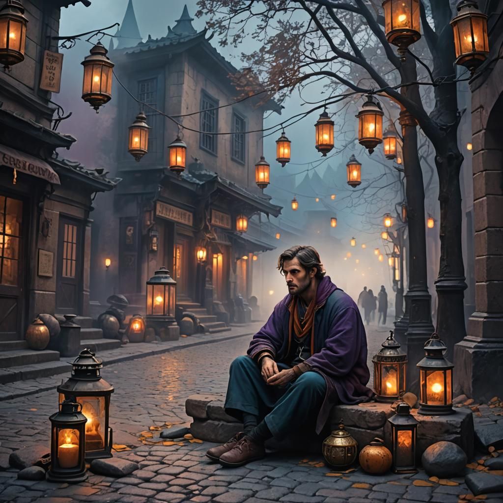 Mystical Lantern Light Illuminates Sad Man