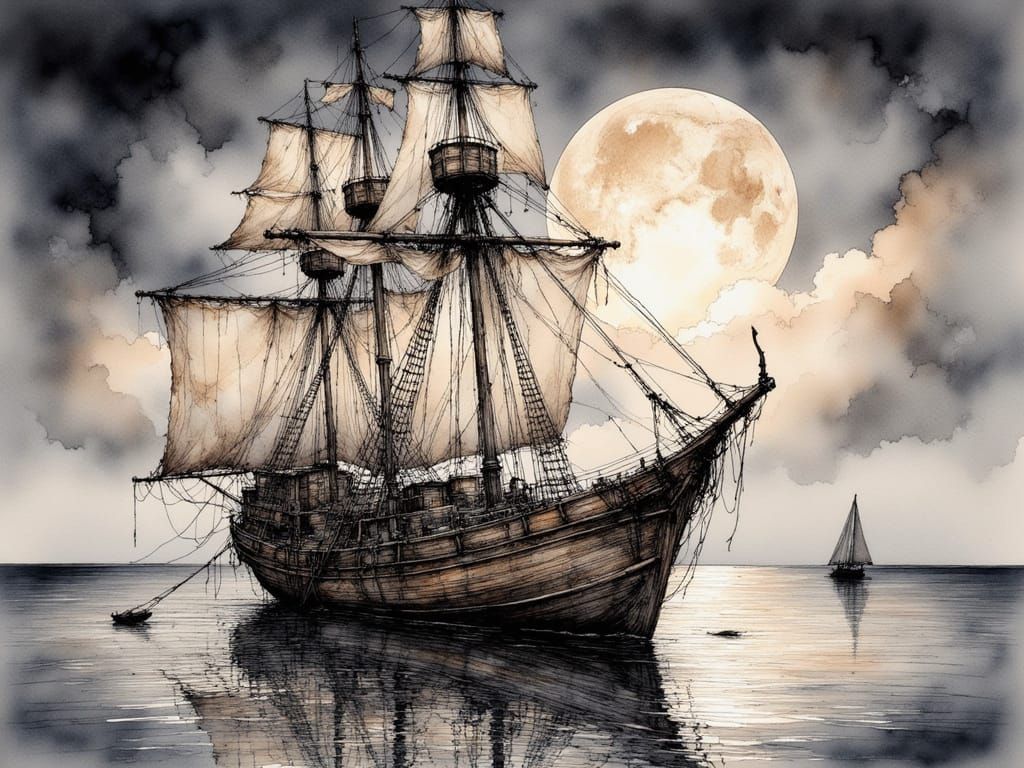 Ghost Ship Under Moonlight in Ink Art Style