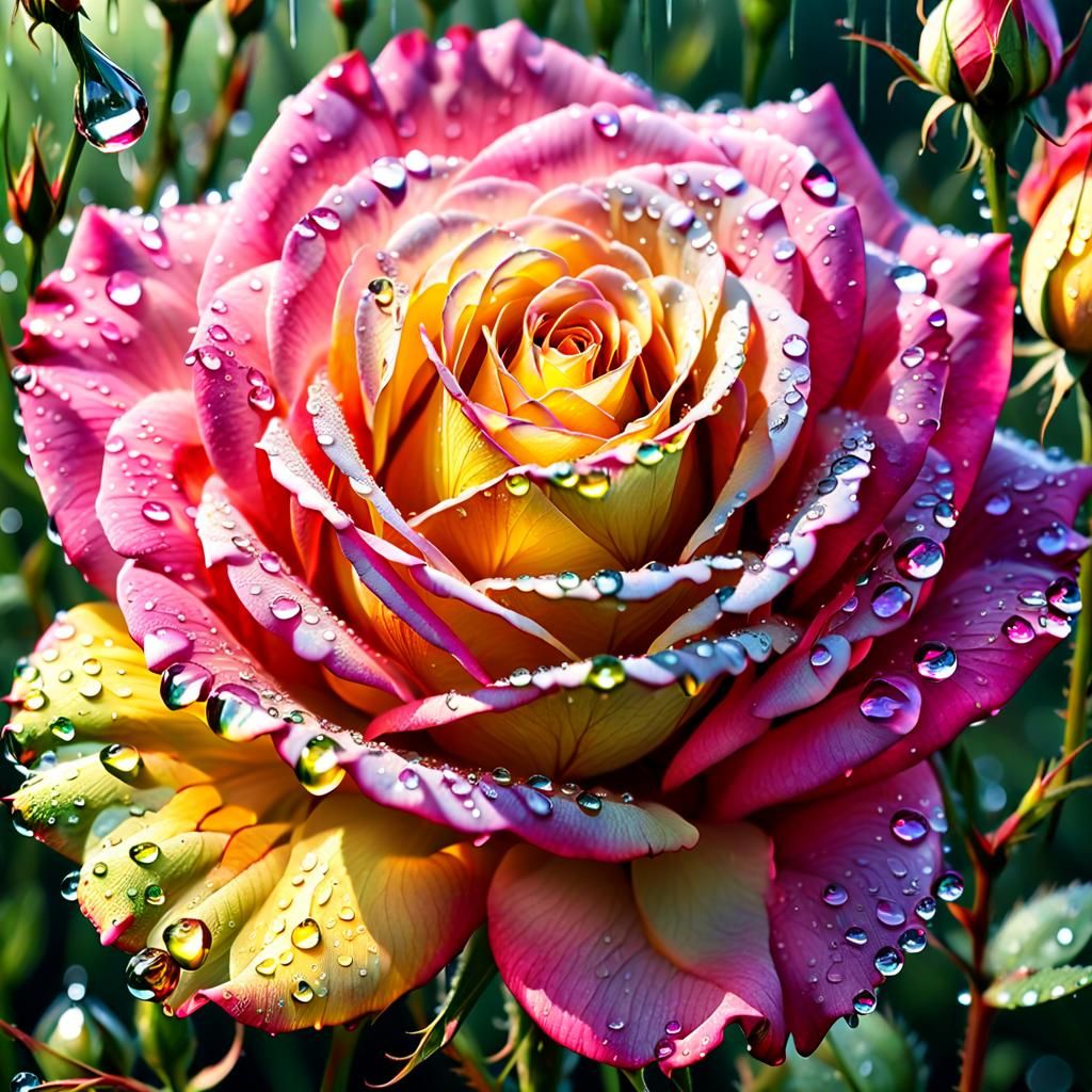 Morning Dew Drops On An Pink & Yellow Rose Flower