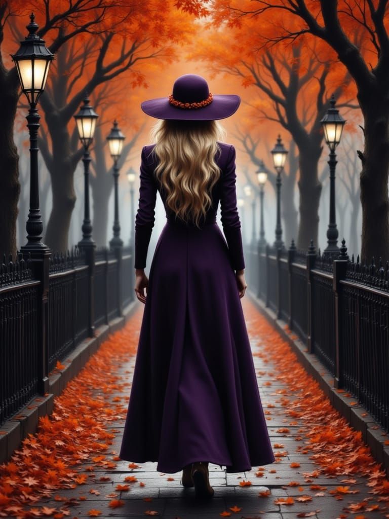 Woman in Dark Fantasy Scene with Gas Lamps