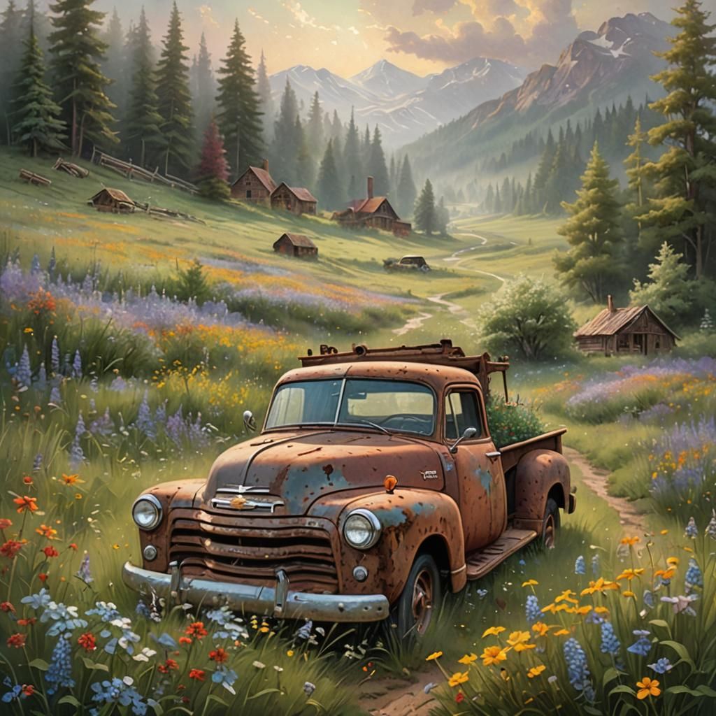 Rusted Chevy Truck in Wildflower Meadow