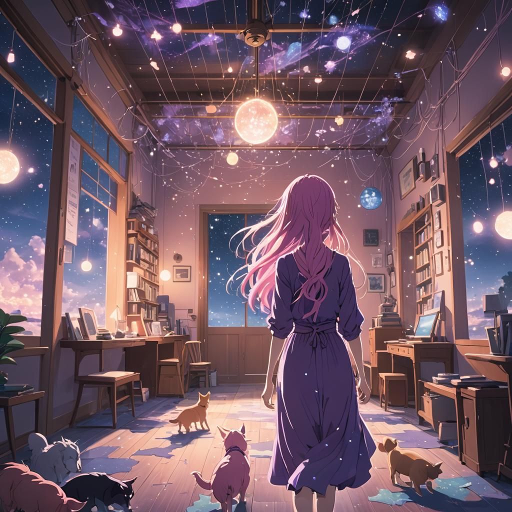 Magical Girl Enters Starry Room in Anime Style