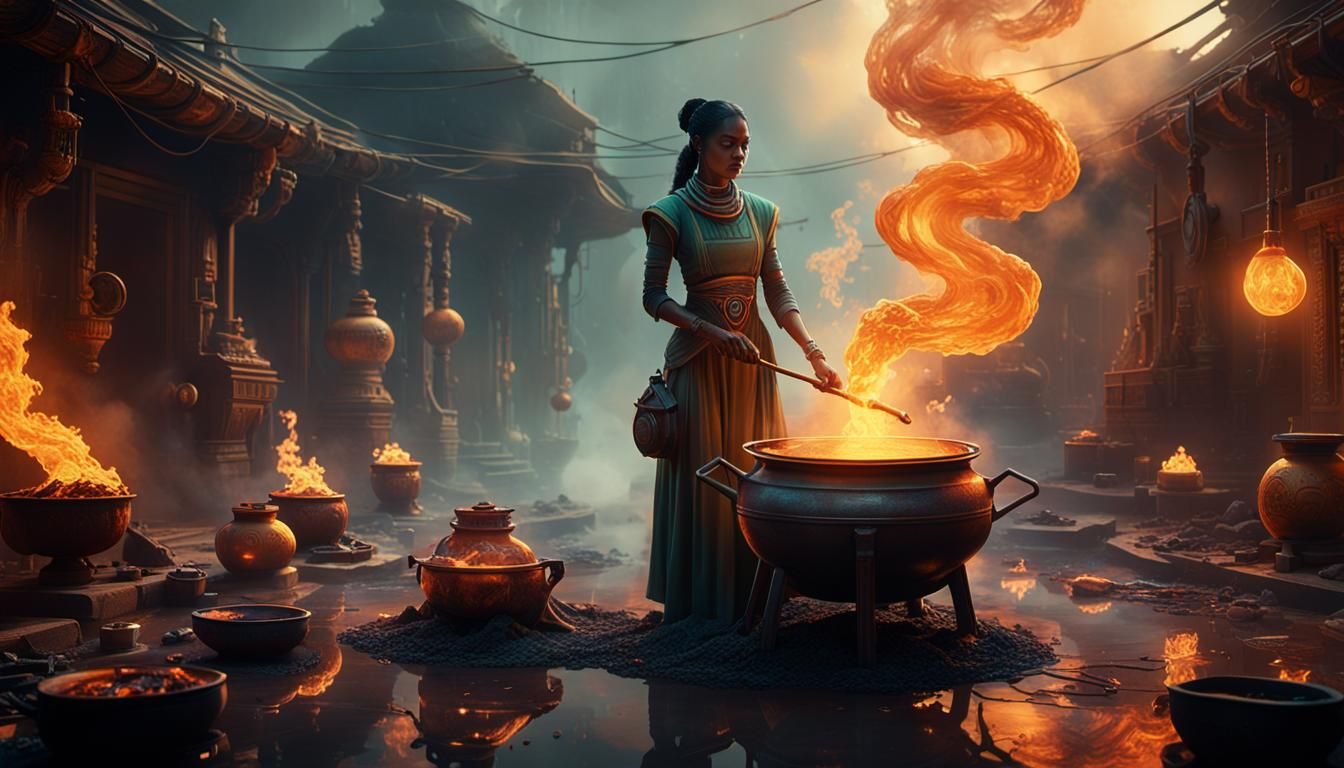 Cyberpunk Alchemist Tending Floating Cauldron
