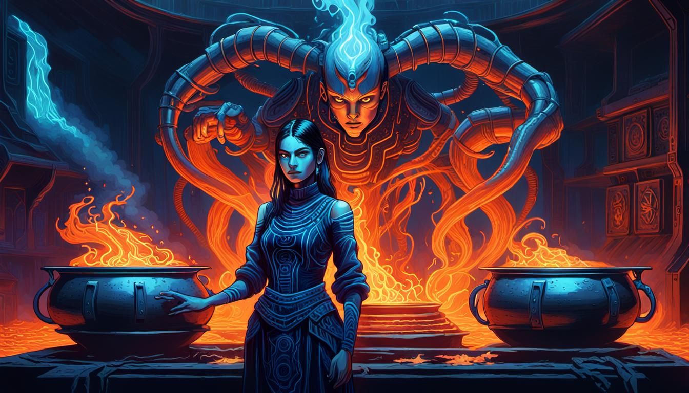 Cybernetic Alchemist in Neon Fantasy Style