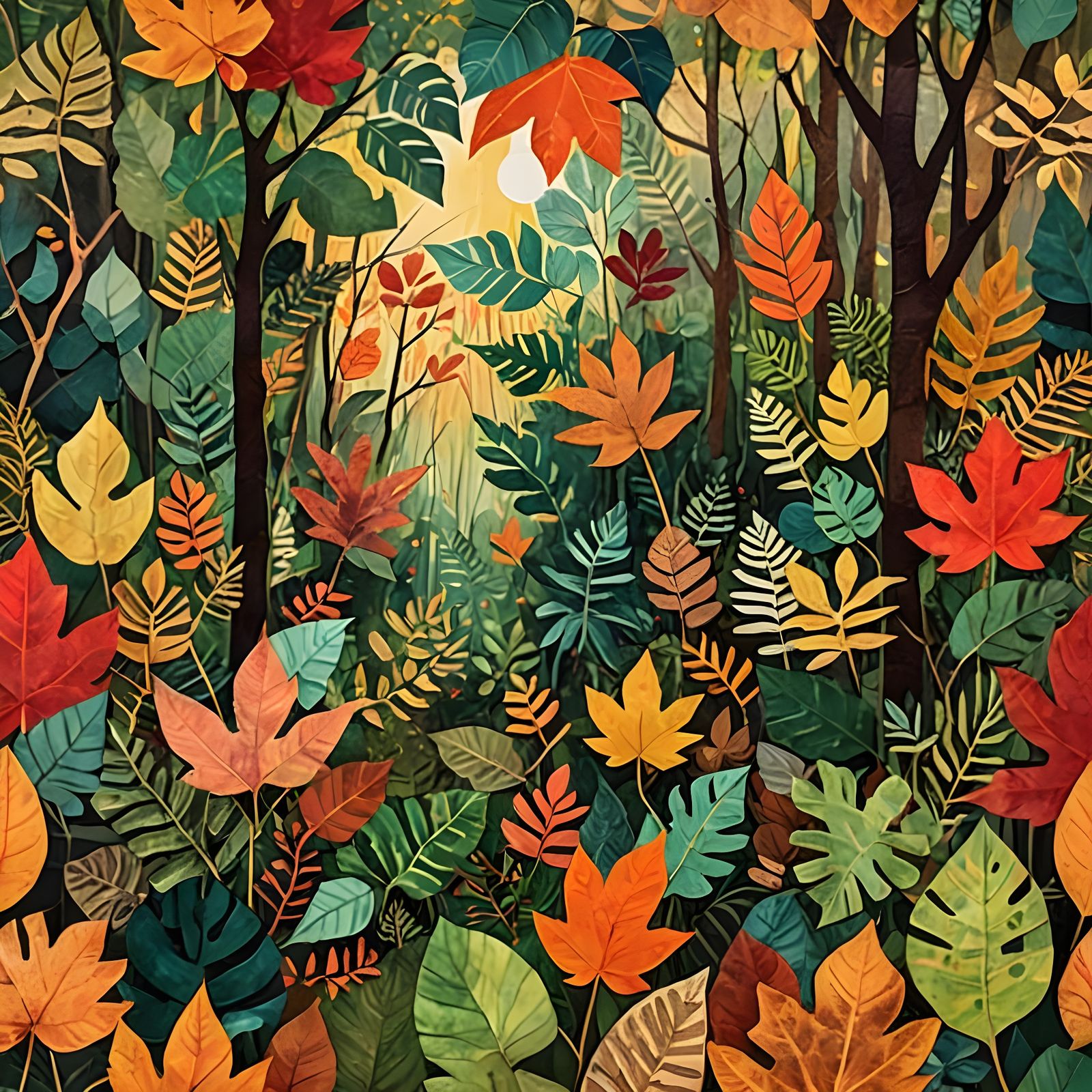 Autumnal Jungle Scene in Paper Collage Style