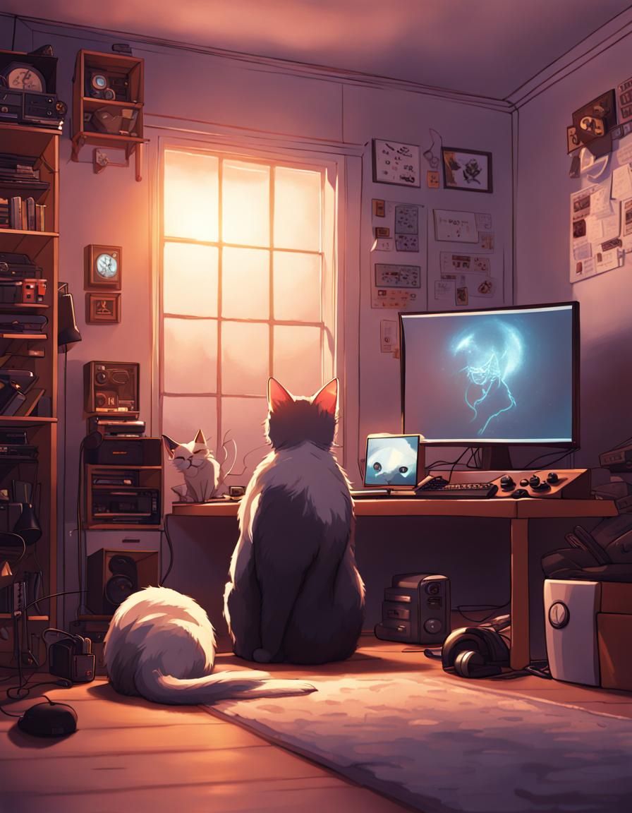 Cozy Gamer Room with Sleeping Cat