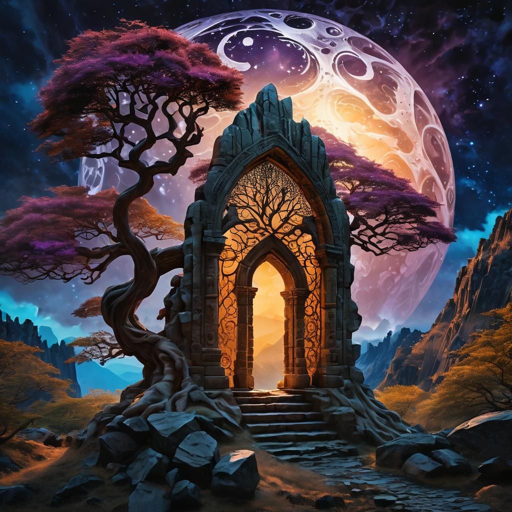 Ethereal Portal on Windswept Mountaintop in Dark Surrealism