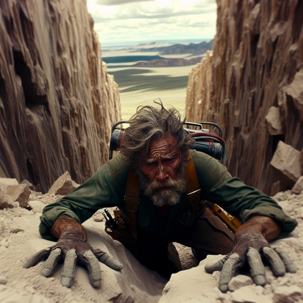 Elderly Geologist Climbing from Rock Face in Cinematic Style