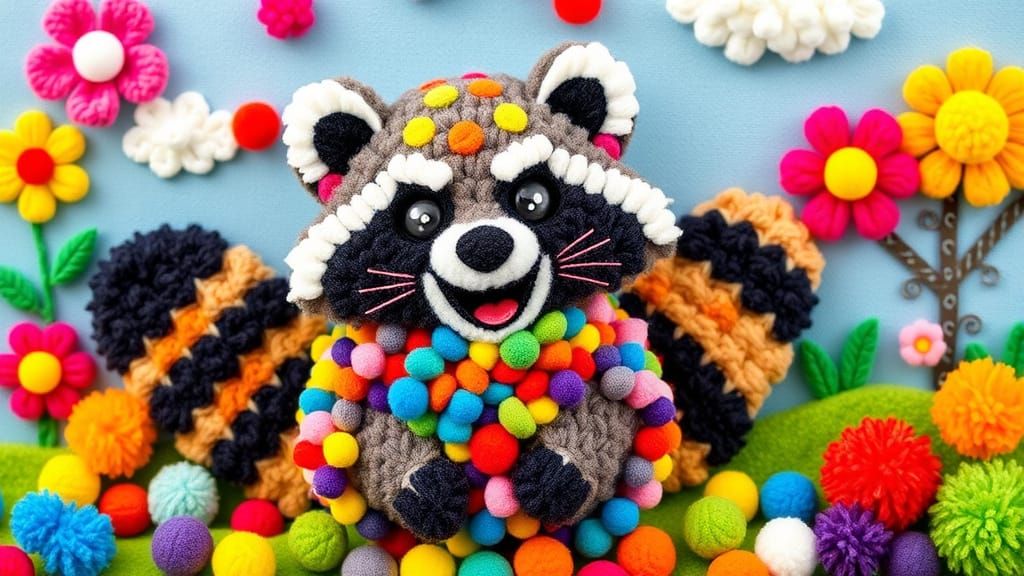 Colorful Pom Pom Raccoon in Playful Style