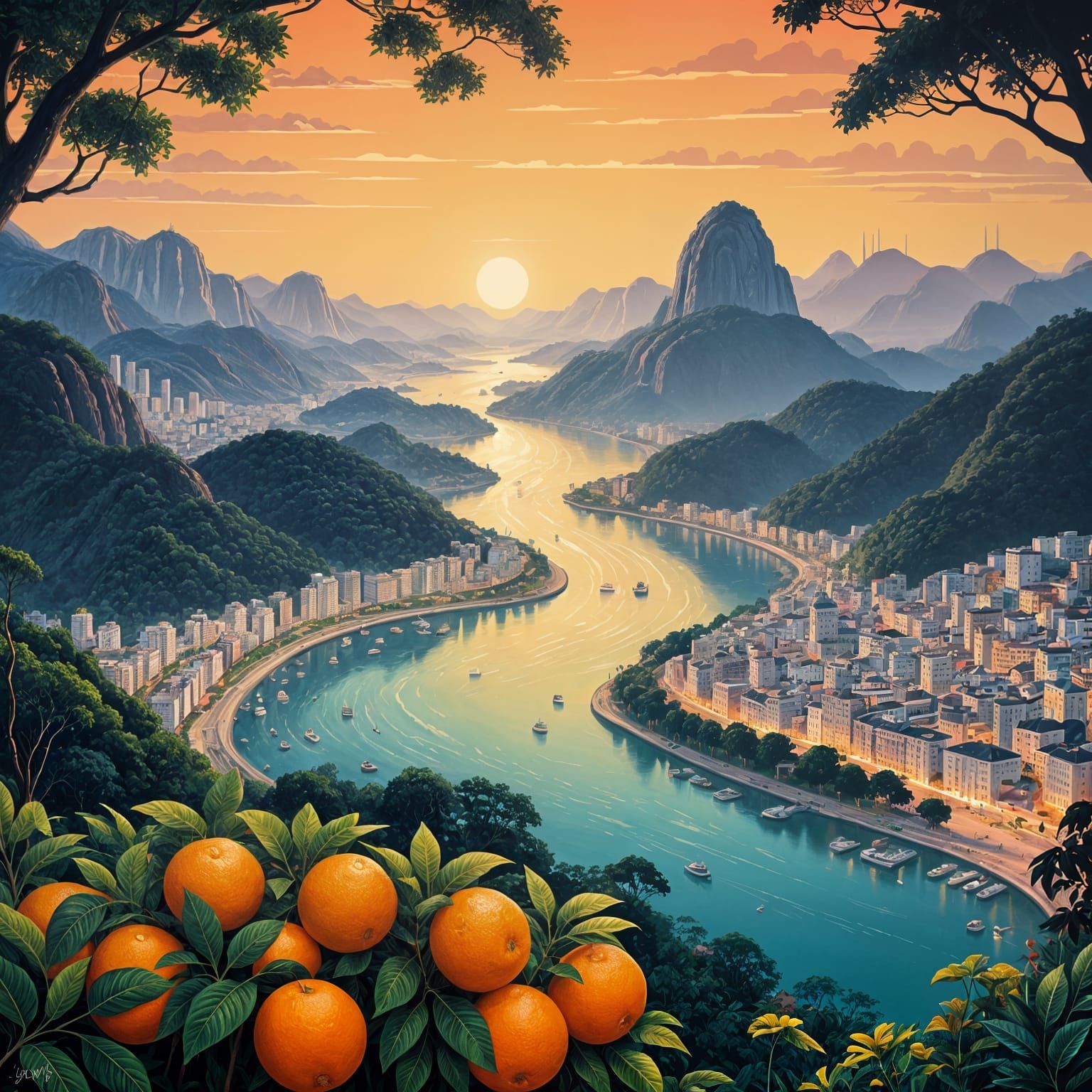 Riverine Landscape in Vibrant Blue and Orange