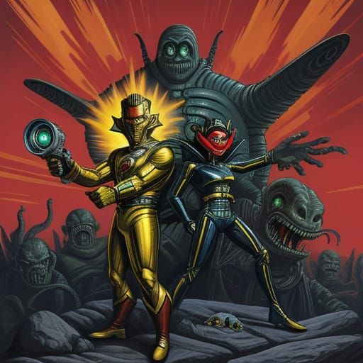 Flash Gordon and Dale on Alien Planet in Sci-Fi Style