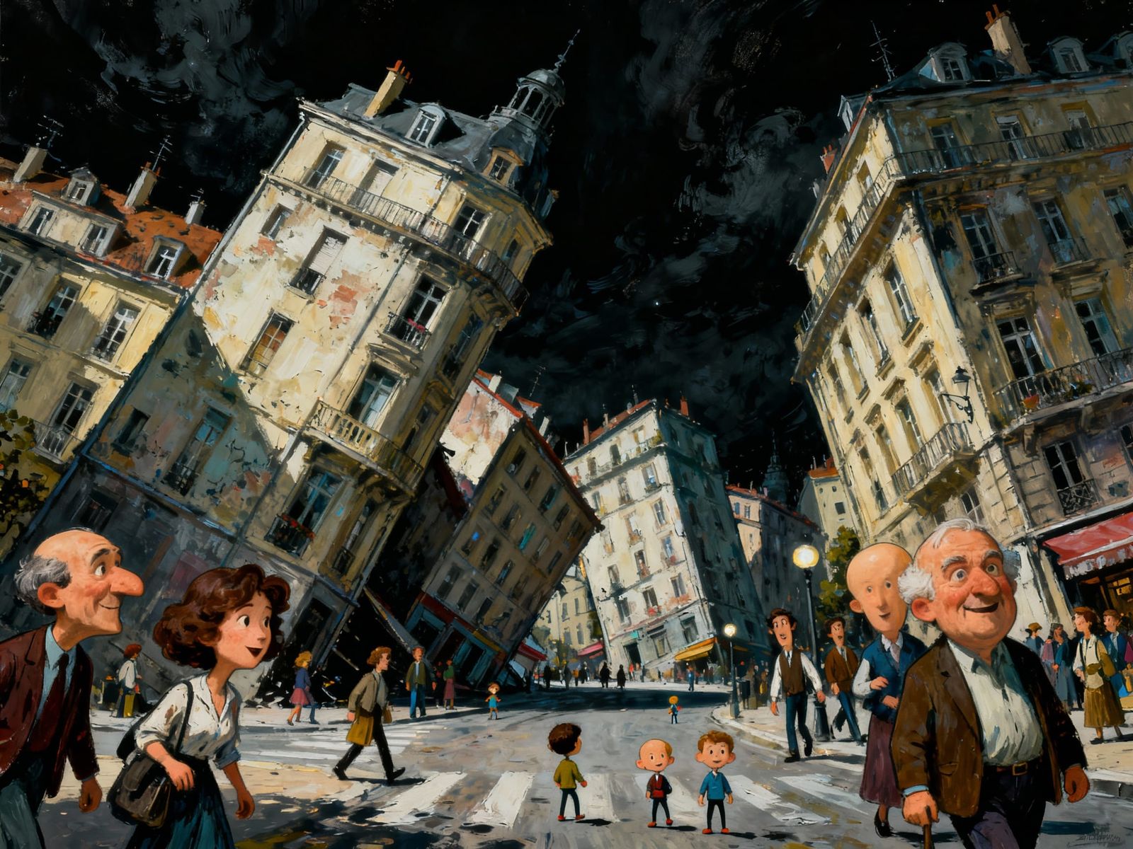 Surreal Cityscape with Leaning Buildings and Oversized Heads