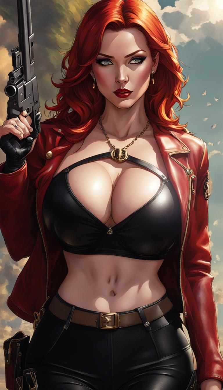 Redhead in Bikini with Pistol as Pinup Art