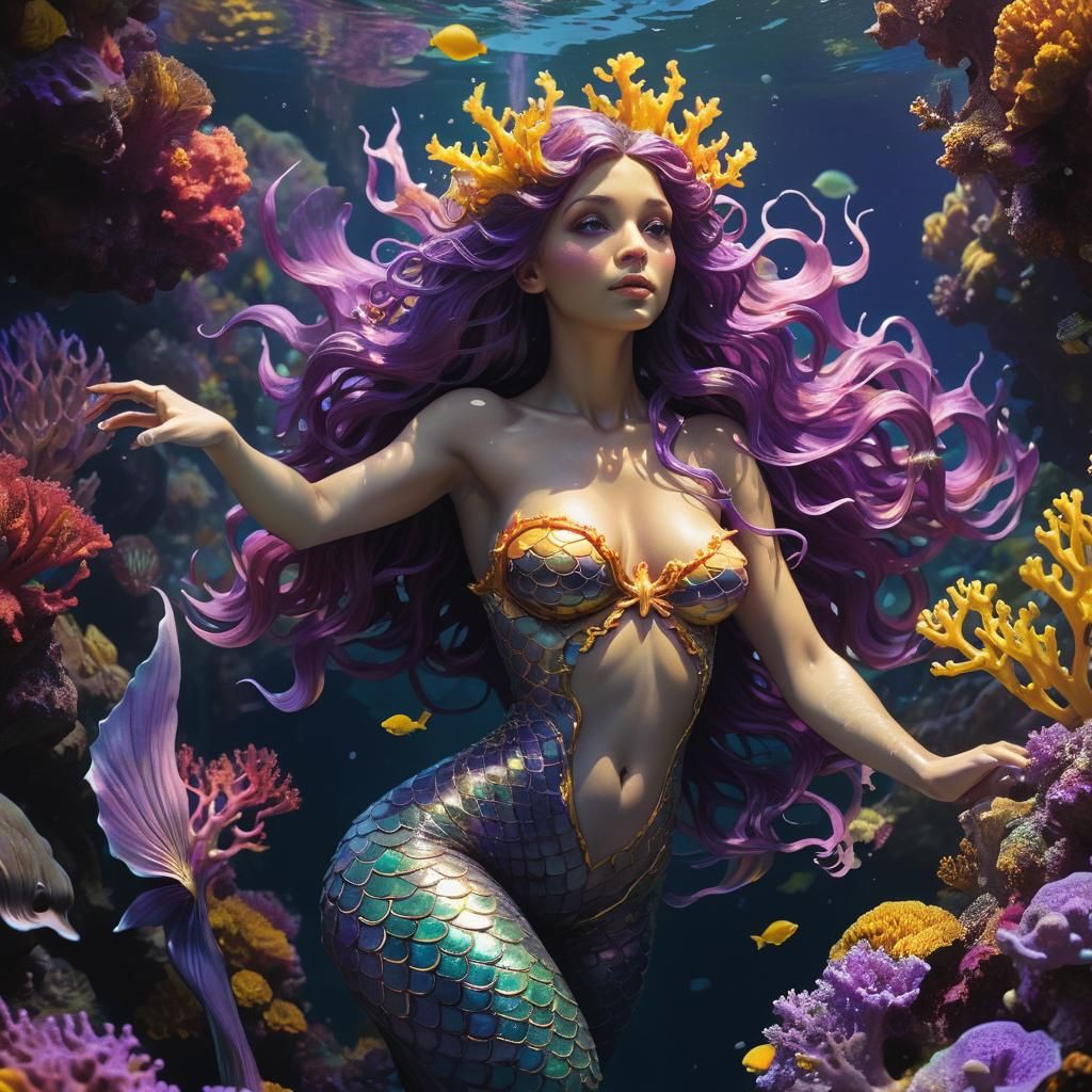 Enchanting Mermaid in Coral Reef, Alphonse Mucha Style