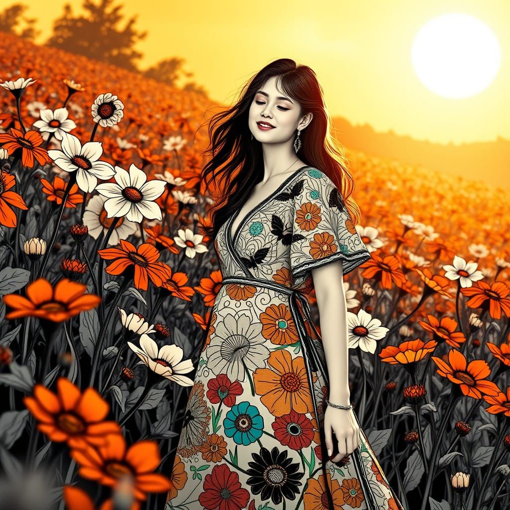 Elegant Woman Amidst Vibrant Black and White Flowers