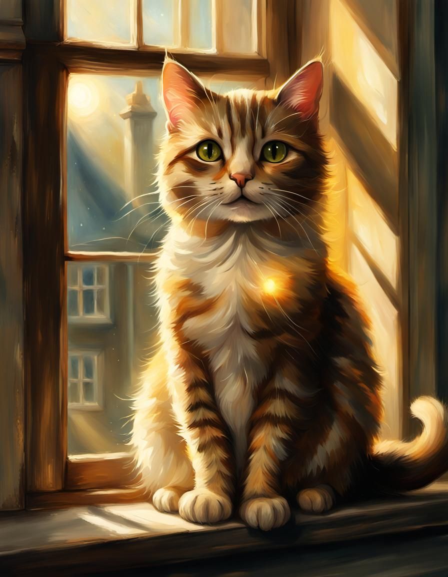 Cat on Windowsill in Beatrix Potter Style