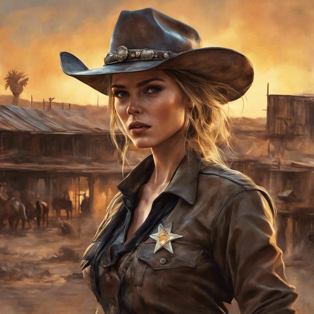 Cowgirl Sheriff Rides into Sunset: Photorealistic Art