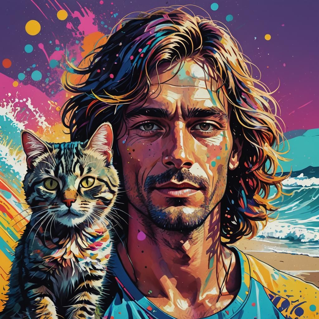 Pop Art Surfer Portrait with Cat in Vibrant Colors