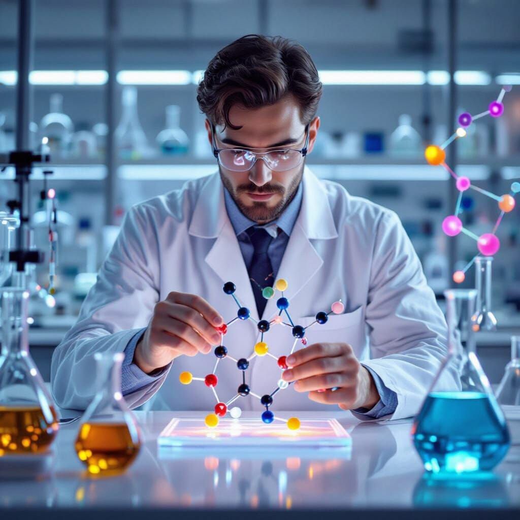 Scientist Examines Ketone Molecular Model in Lab