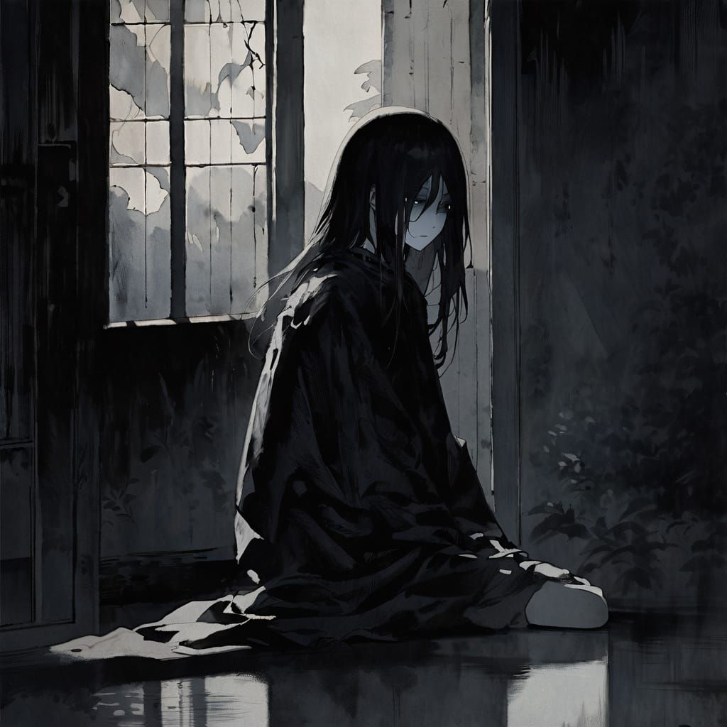 Mysterious Emo Girl in Dark Watercolor Style