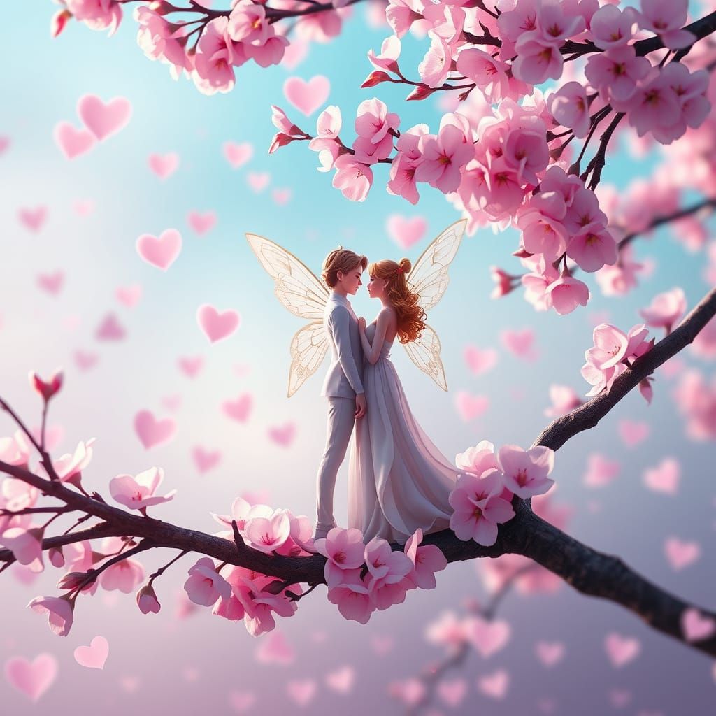 Pastel Fairy Couple in Love on Cherry Blossom Branch
