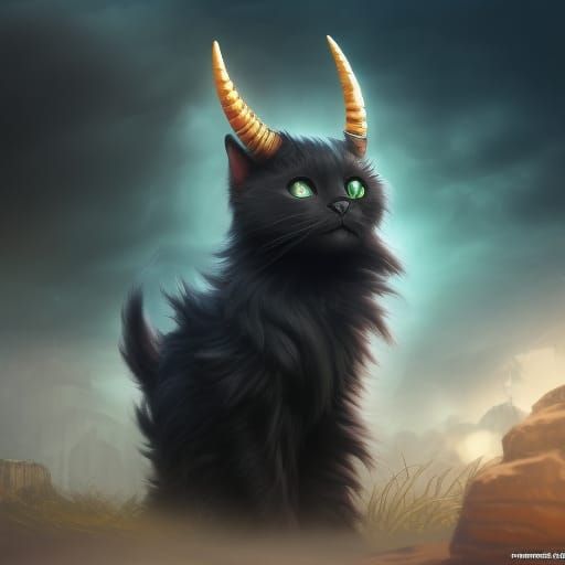 Cute Black Horned Cat Fantasy Concept Art