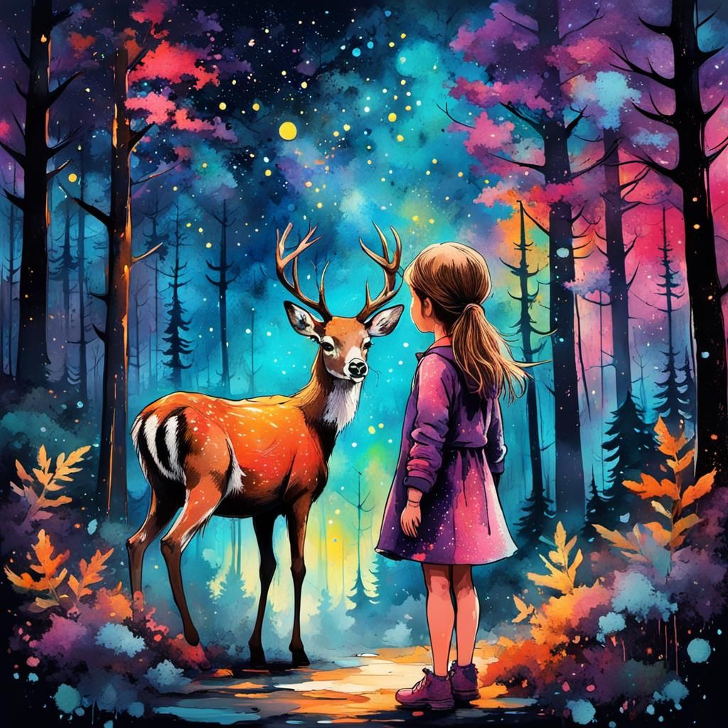 Girl and Deer Converse in Starfilled Forest, Ink Splatter St...
