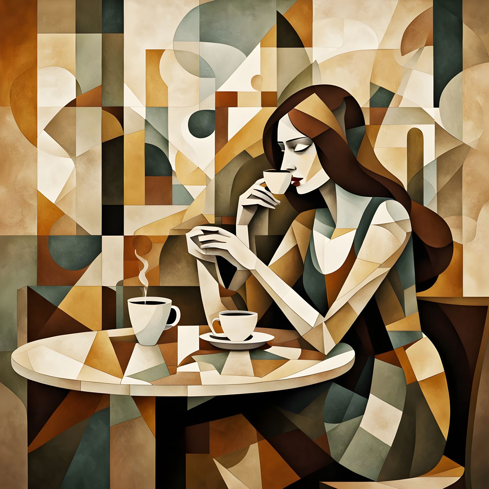 Melancholic Woman in Parisian Cafe: Abstract Cubism