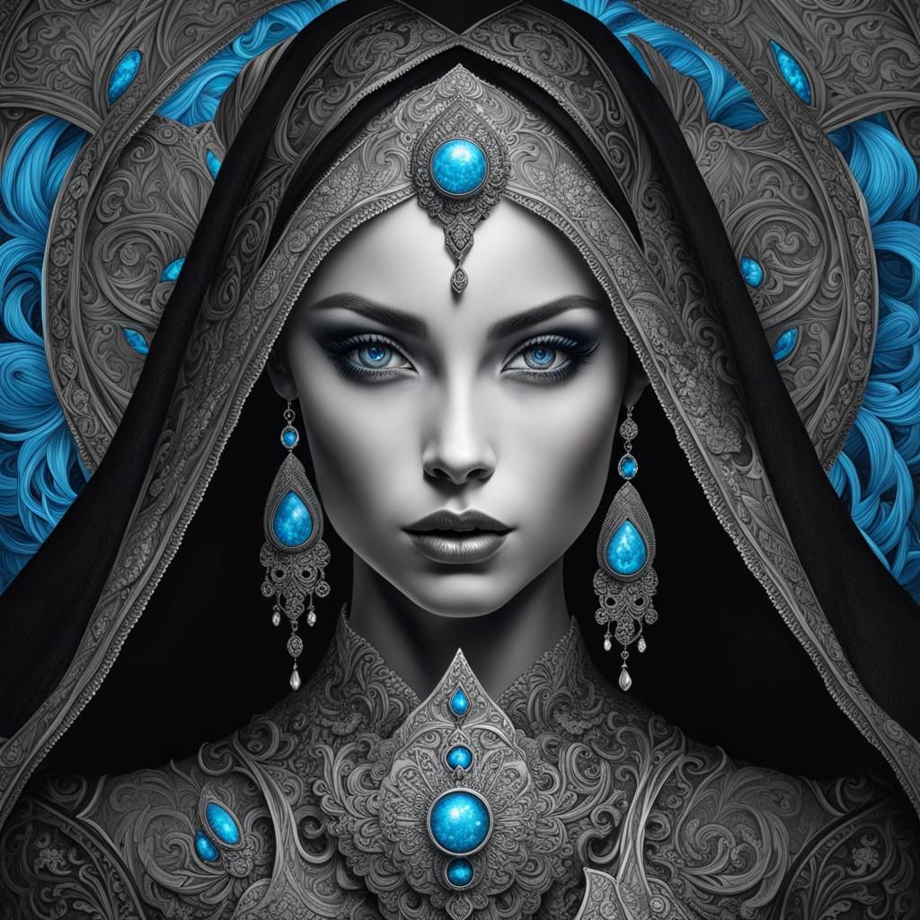 Woman Vampire Portrait with Glowing Blue Eyes