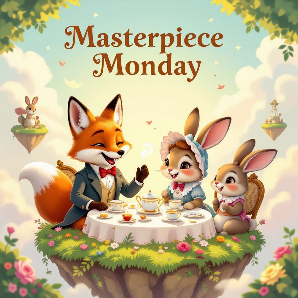 Whimsical Animal Tea Party on Floating Island