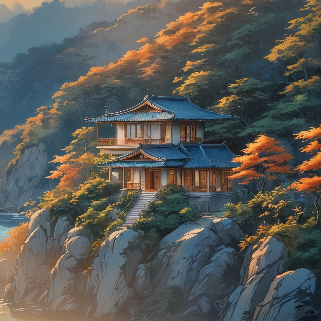 Serene Asian Cliffside House at Sunset, Watercolour Painting
