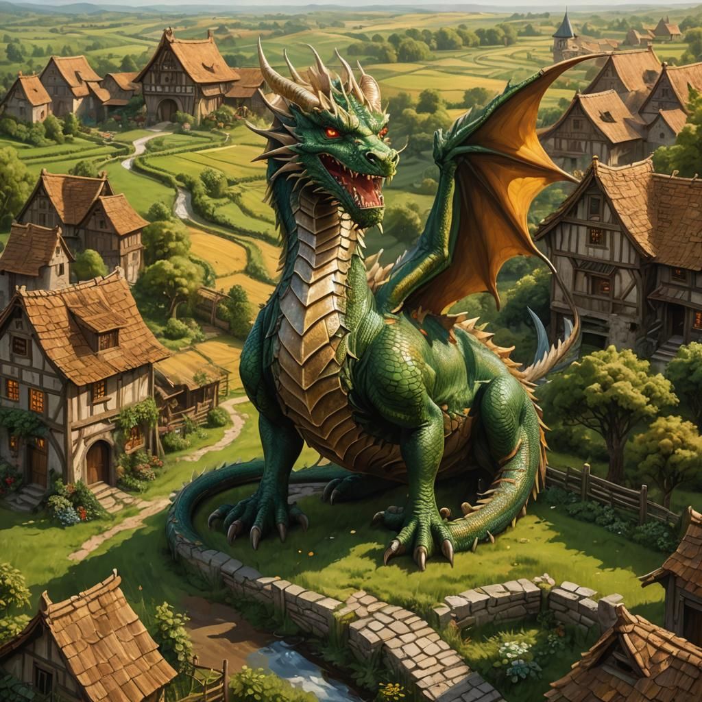 Dragon on Ancient Village Farm in Oil Painting Style