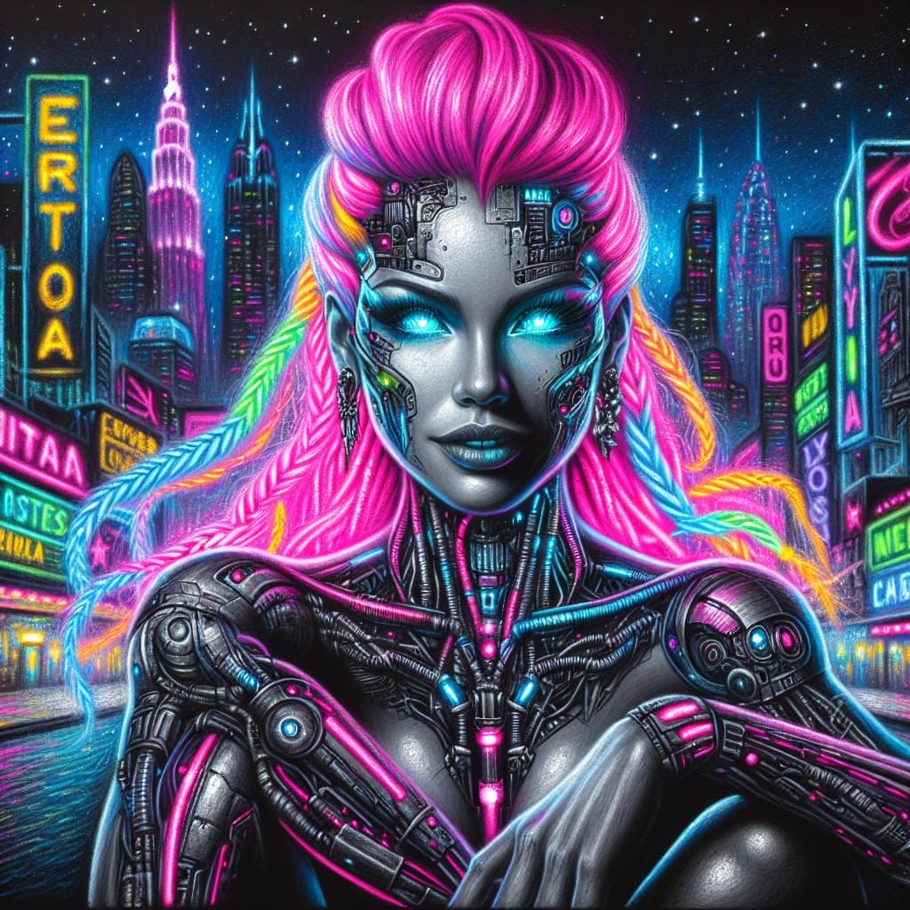 stunning cybernetic mechanical parts neon,  FLUORESCENT PINK...