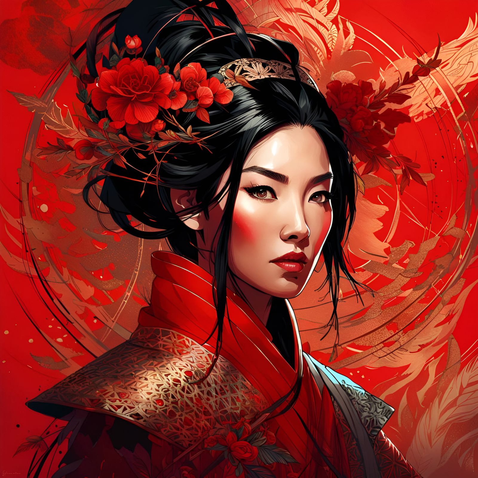 Gorgeous Mulan Portrait with Red Filigree Details