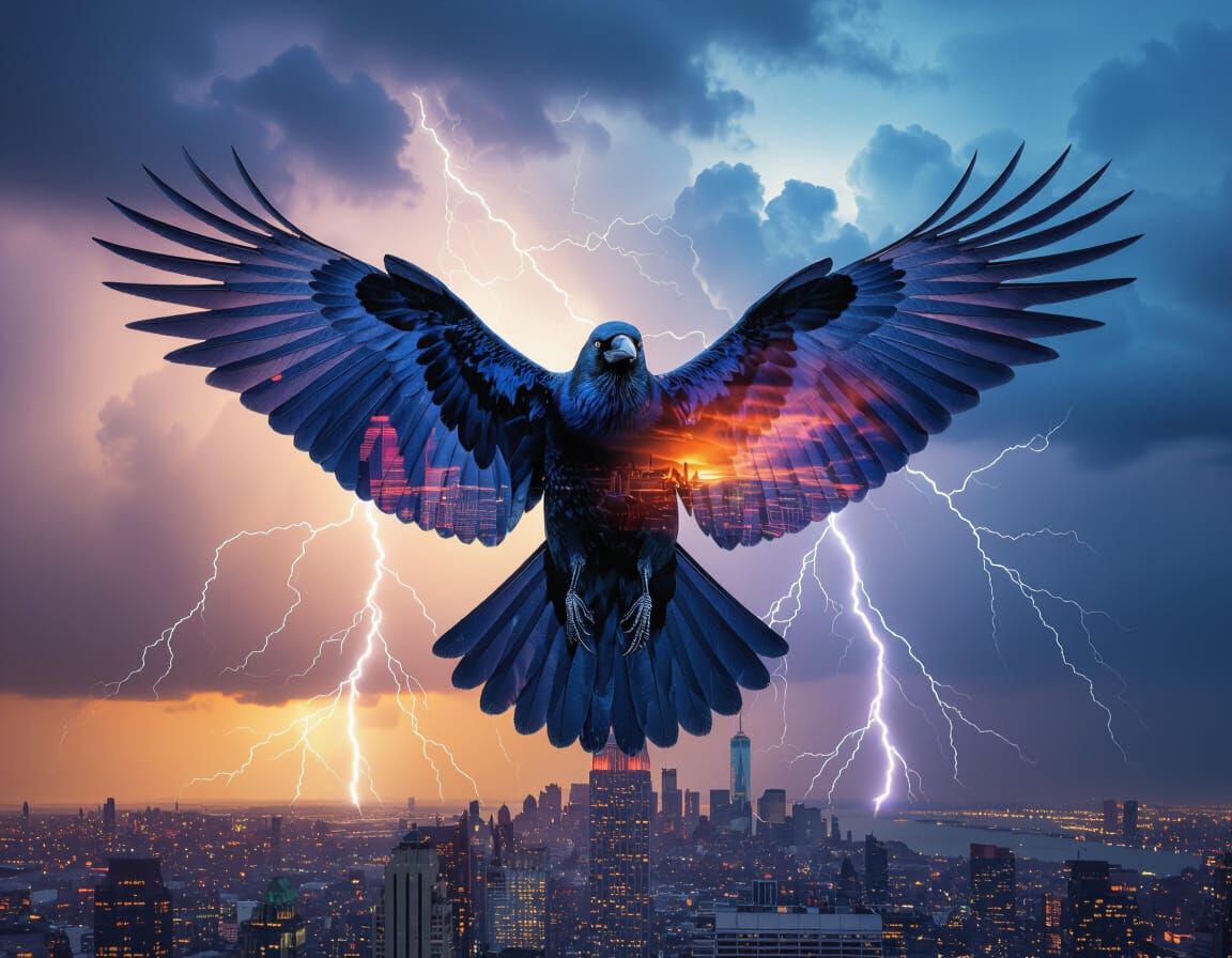 Crow with Cityscape Wings Amidst Storm