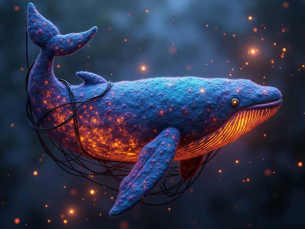 Surreal Felted Wool Art of a Neon Whale in Dreamy Ethereal G...
