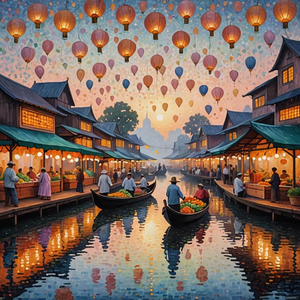 Floating Market Above Clouds in Pointillism Style