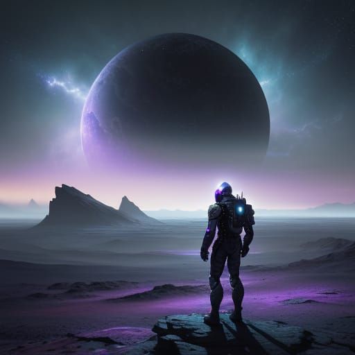 Explorer on Alien World Under Nebulae Sky