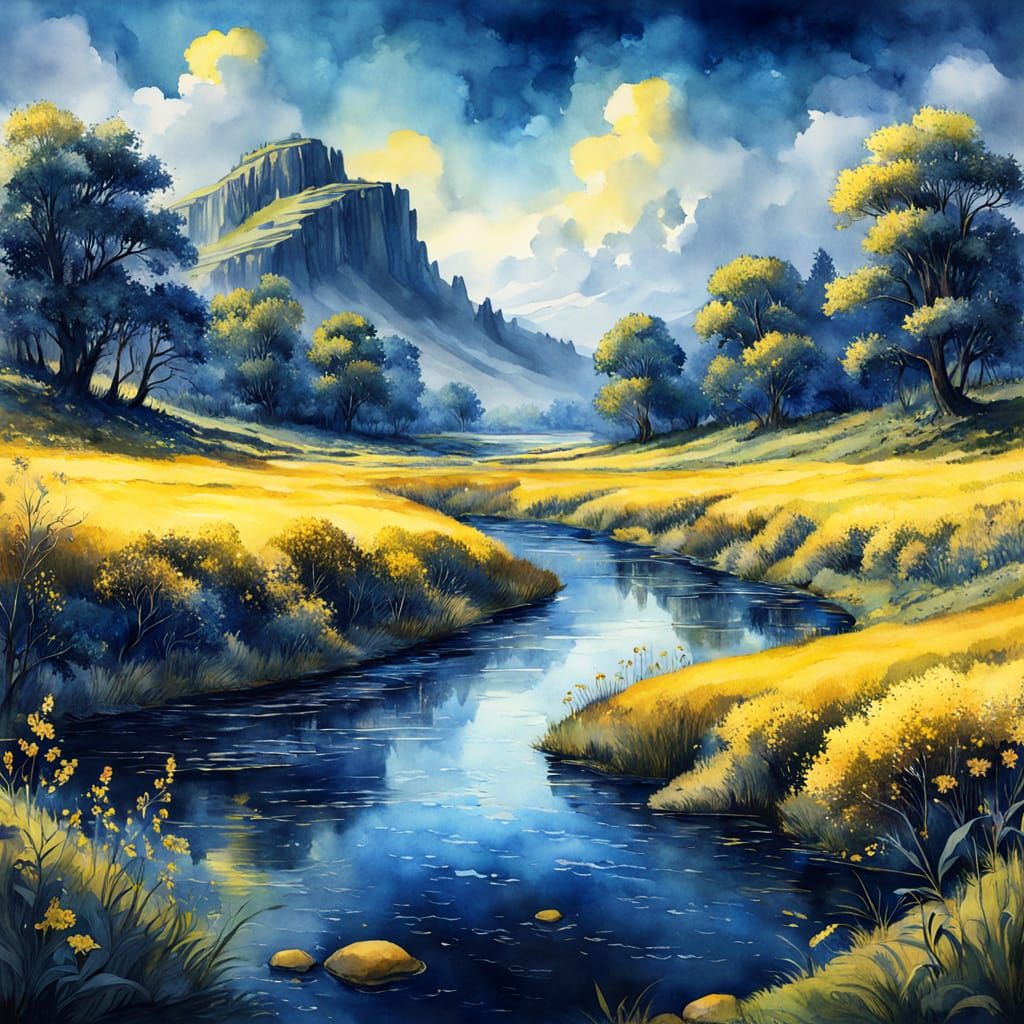 Wilderness River & Meadow: Vivid Watercolour